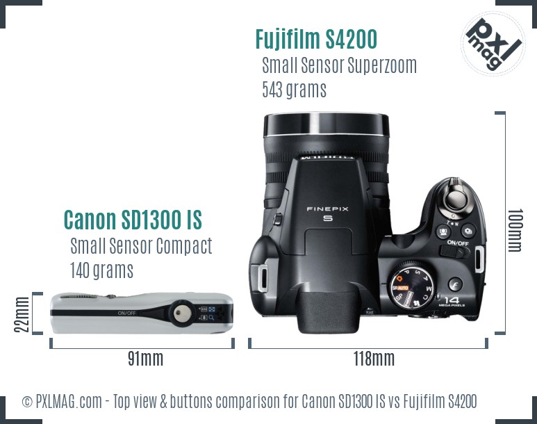 Canon SD1300 IS vs Fujifilm S4200 top view buttons comparison