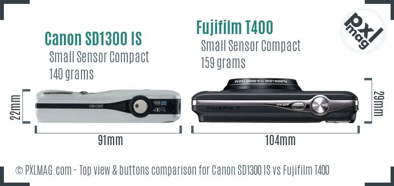 Canon SD1300 IS vs Fujifilm T400 top view buttons comparison Canon SD1300 IS vs Fujifilm T400 top view buttons comparison