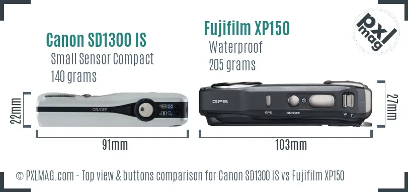 Canon SD1300 IS vs Fujifilm XP150 top view buttons comparison