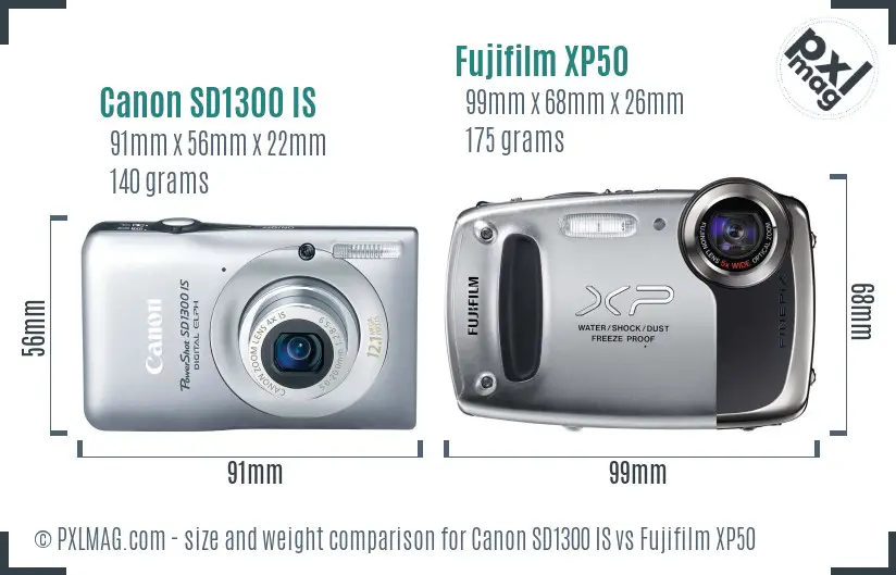 Canon SD1300 IS vs Fujifilm XP50 size comparison Canon SD1300 IS vs Fujifilm XP50 size comparison