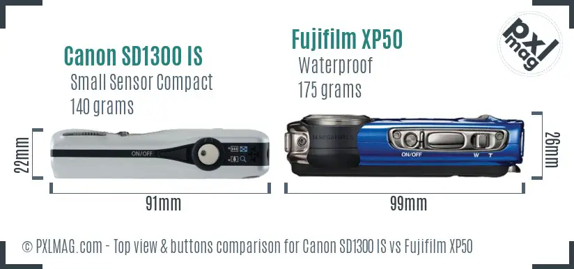 Canon SD1300 IS vs Fujifilm XP50 top view buttons comparison Canon SD1300 IS vs Fujifilm XP50 top view buttons comparison