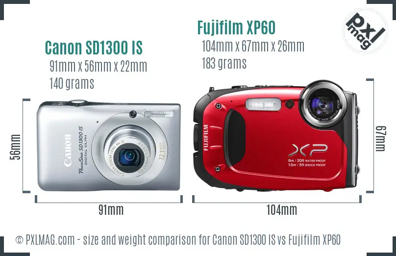 Canon SD1300 IS vs Fujifilm XP60 size comparison
