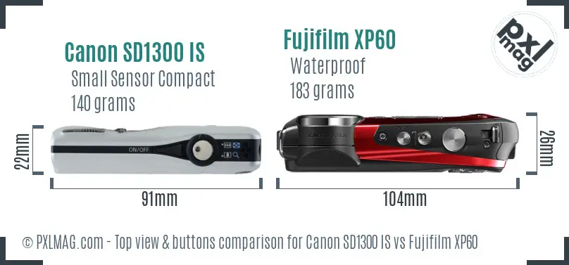Canon SD1300 IS vs Fujifilm XP60 top view buttons comparison