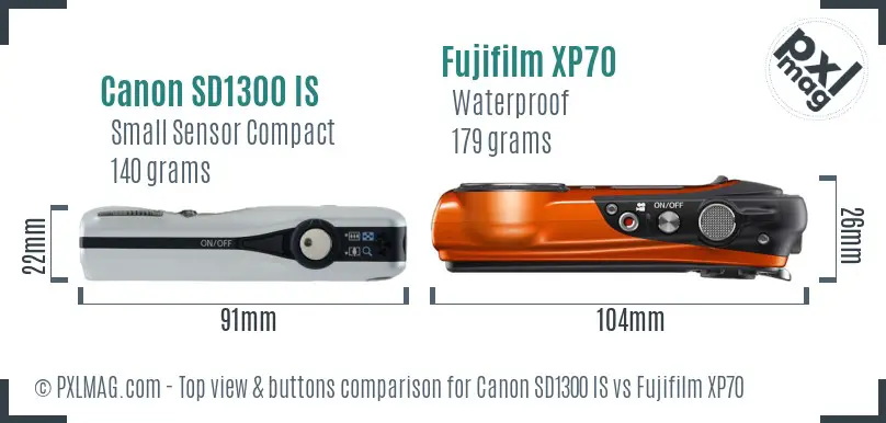 Canon SD1300 IS vs Fujifilm XP70 top view buttons comparison Canon SD1300 IS vs Fujifilm XP70 top view buttons comparison