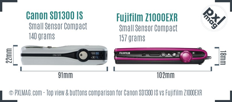 Canon SD1300 IS vs Fujifilm Z1000EXR top view buttons comparison