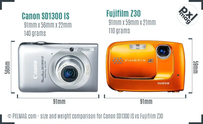 Canon SD1300 IS vs Fujifilm Z30 size comparison