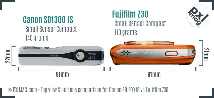 Canon SD1300 IS vs Fujifilm Z30 top view buttons comparison