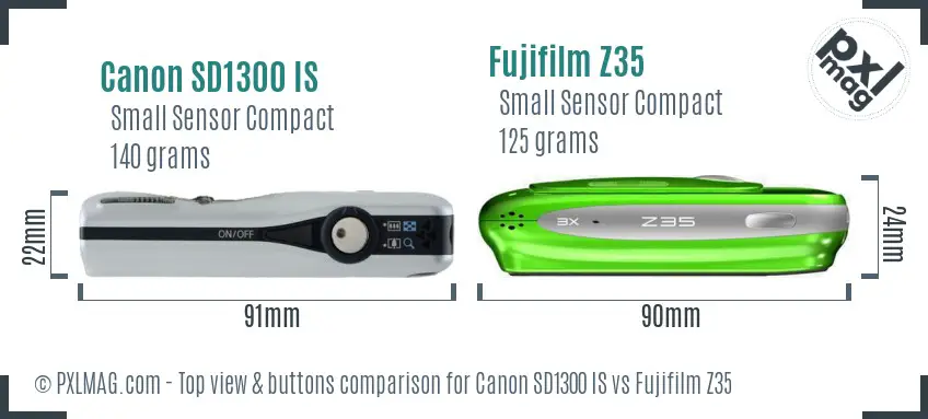 Canon SD1300 IS vs Fujifilm Z35 top view buttons comparison