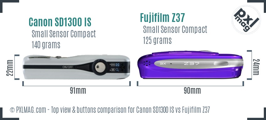 Canon SD1300 IS vs Fujifilm Z37 top view buttons comparison