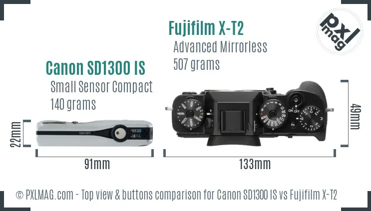 Canon SD1300 IS vs Fujifilm X-T2 top view buttons comparison