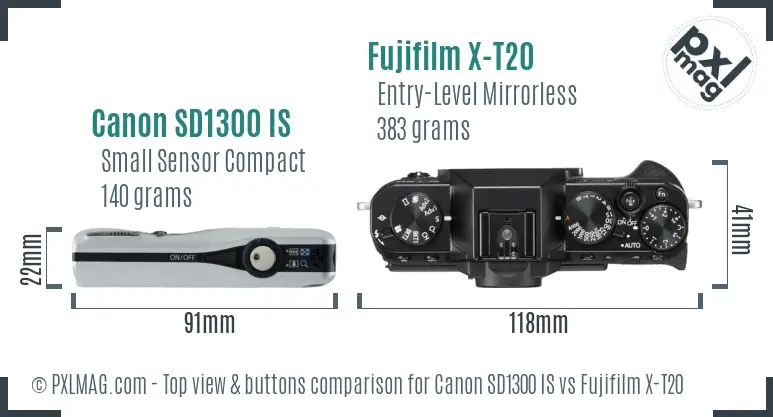 Canon SD1300 IS vs Fujifilm X-T20 top view buttons comparison