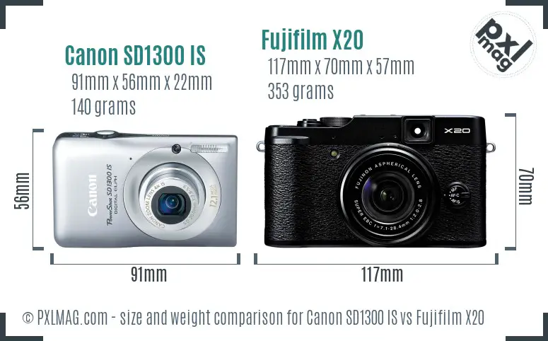 Canon SD1300 IS vs Fujifilm X20 size comparison