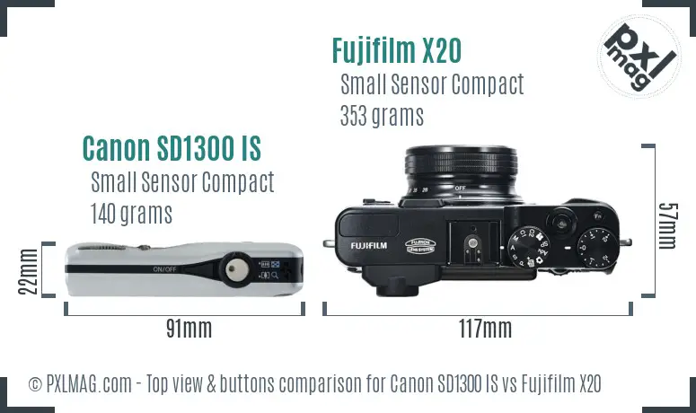 Canon SD1300 IS vs Fujifilm X20 top view buttons comparison