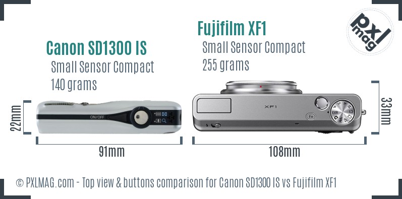 Canon SD1300 IS vs Fujifilm XF1 top view buttons comparison