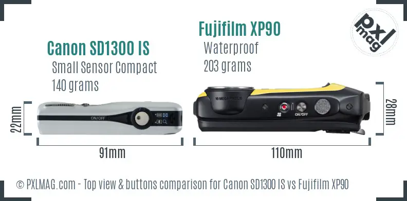 Canon SD1300 IS vs Fujifilm XP90 top view buttons comparison