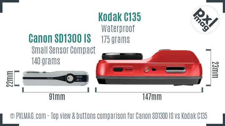 Canon SD1300 IS vs Kodak C135 top view buttons comparison