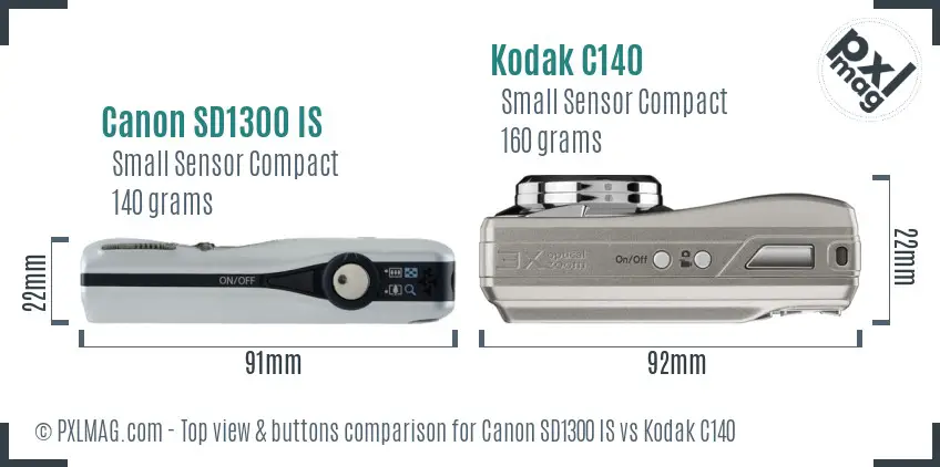 Canon SD1300 IS vs Kodak C140 top view buttons comparison