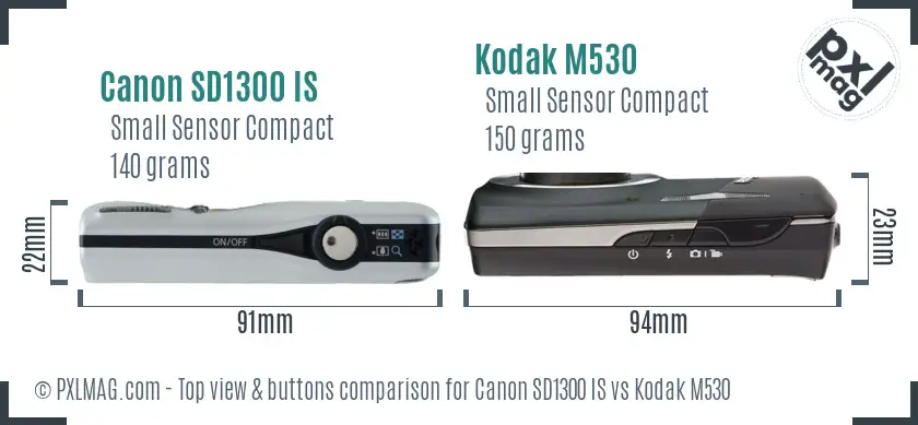 Canon SD1300 IS vs Kodak M530 top view buttons comparison