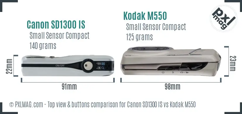 Canon SD1300 IS vs Kodak M550 top view buttons comparison