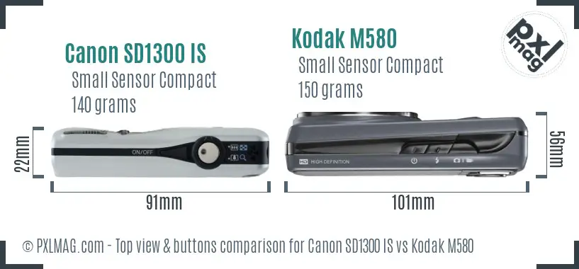 Canon SD1300 IS vs Kodak M580 top view buttons comparison