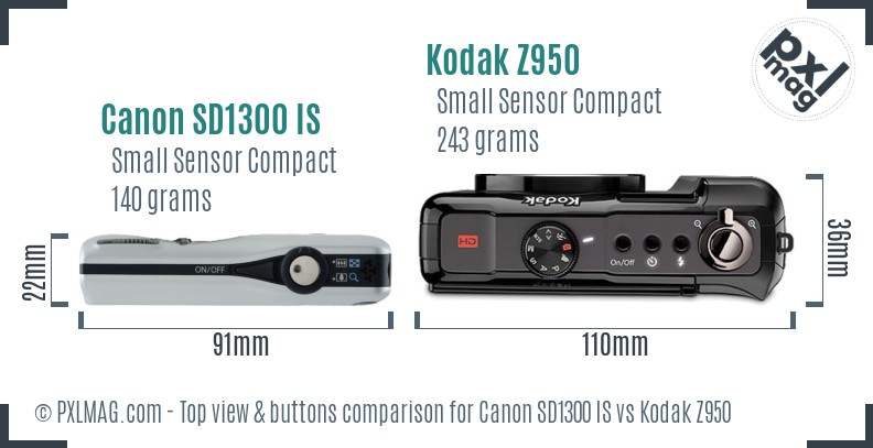 Canon SD1300 IS vs Kodak Z950 top view buttons comparison