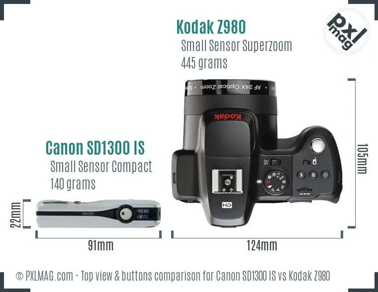 Canon SD1300 IS vs Kodak Z980 top view buttons comparison