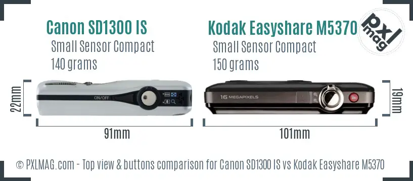 Canon SD1300 IS vs Kodak Easyshare M5370 top view buttons comparison