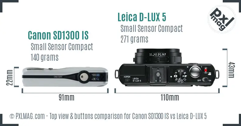 Canon SD1300 IS vs Leica D-LUX 5 top view buttons comparison