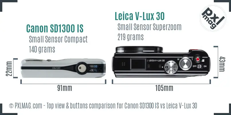 Canon SD1300 IS vs Leica V-Lux 30 top view buttons comparison