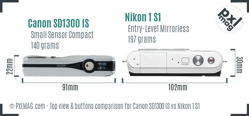 Canon SD1300 IS vs Nikon 1 S1 top view buttons comparison