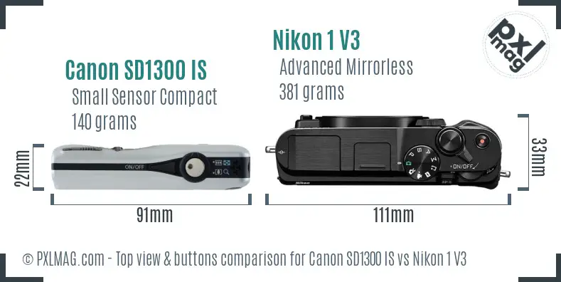 Canon SD1300 IS vs Nikon 1 V3 top view buttons comparison