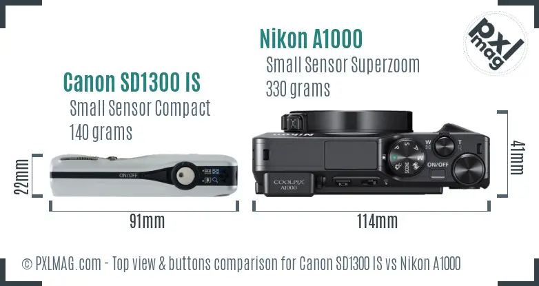 Canon SD1300 IS vs Nikon A1000 top view buttons comparison