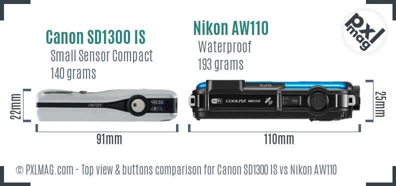 Canon SD1300 IS vs Nikon AW110 top view buttons comparison