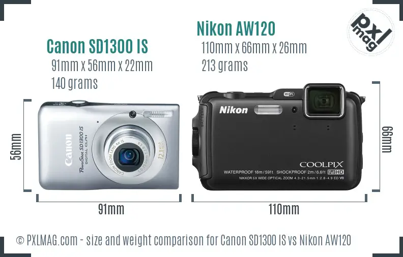Canon SD1300 IS vs Nikon AW120 size comparison Canon SD1300 IS vs Nikon AW120 size comparison