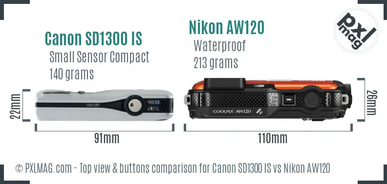 Canon SD1300 IS vs Nikon AW120 top view buttons comparison Canon SD1300 IS vs Nikon AW120 top view buttons comparison
