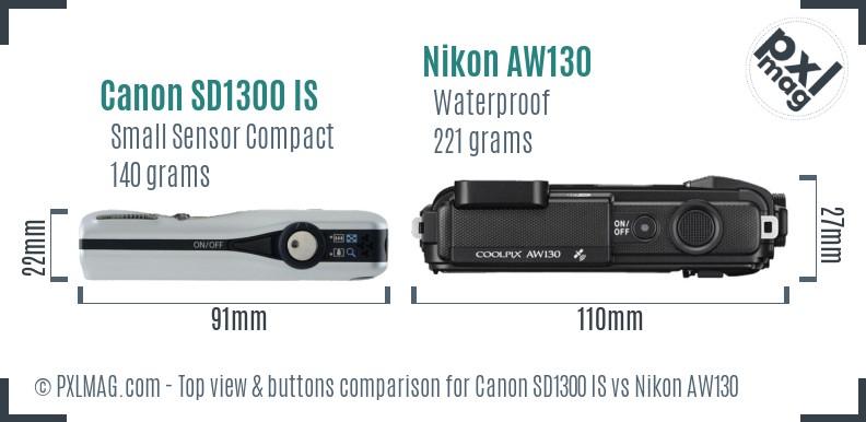Canon SD1300 IS vs Nikon AW130 top view buttons comparison
