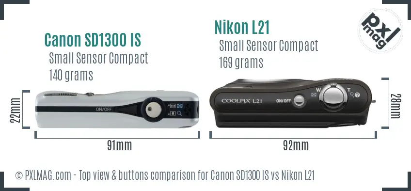 Canon SD1300 IS vs Nikon L21 top view buttons comparison
