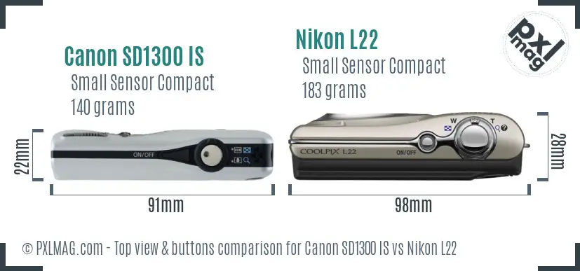 Canon SD1300 IS vs Nikon L22 top view buttons comparison Canon SD1300 IS vs Nikon L22 top view buttons comparison