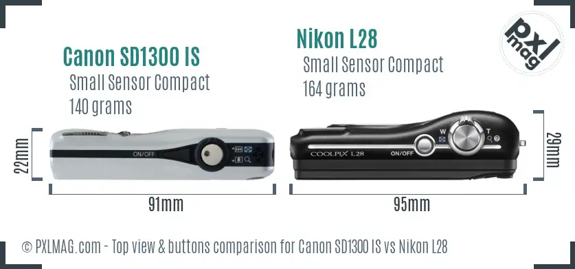 Canon SD1300 IS vs Nikon L28 top view buttons comparison Canon SD1300 IS vs Nikon L28 top view buttons comparison