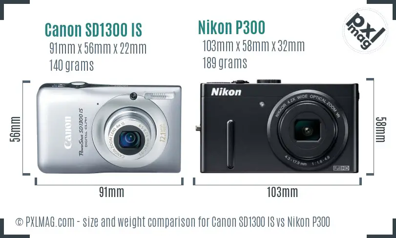 Canon SD1300 IS vs Nikon P300 size comparison