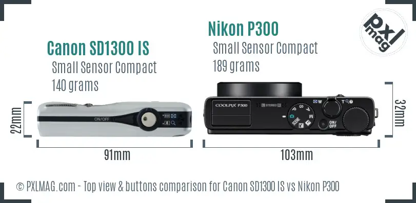 Canon SD1300 IS vs Nikon P300 top view buttons comparison