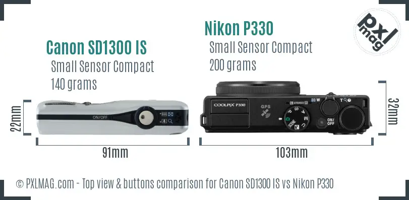 Canon SD1300 IS vs Nikon P330 top view buttons comparison