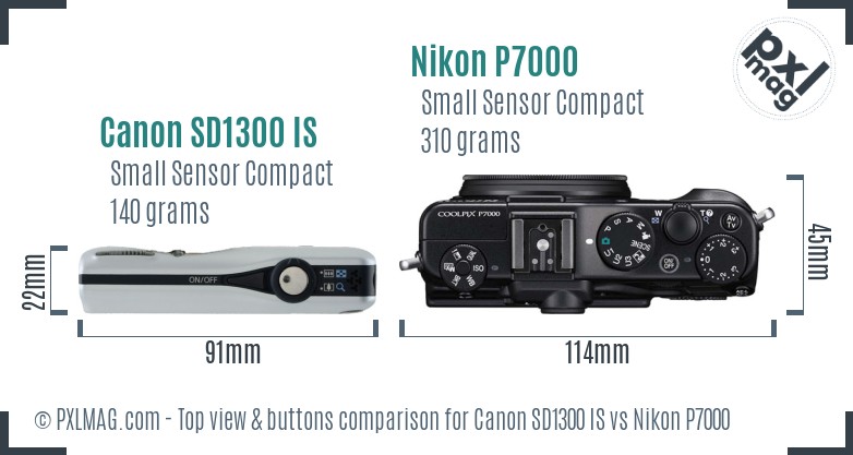 Canon SD1300 IS vs Nikon P7000 top view buttons comparison