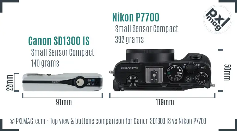 Canon SD1300 IS vs Nikon P7700 top view buttons comparison