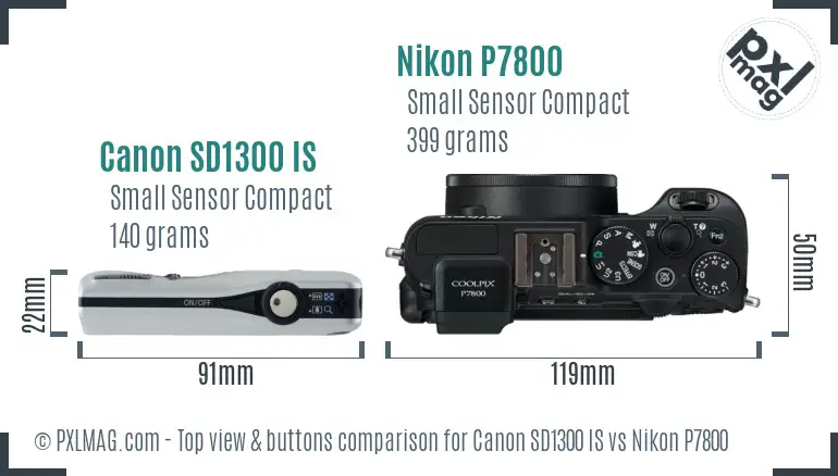 Canon SD1300 IS vs Nikon P7800 top view buttons comparison