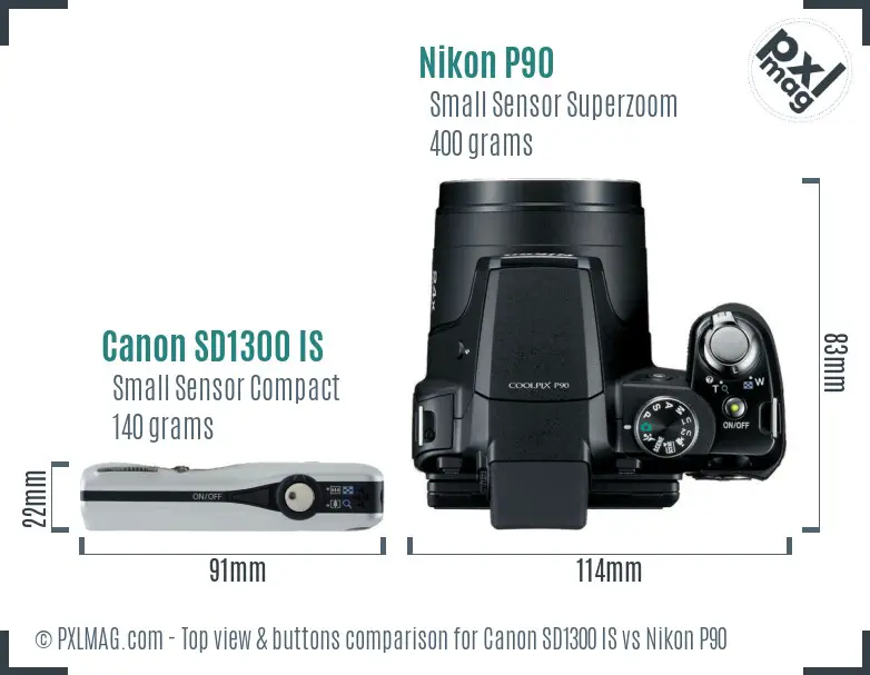 Canon SD1300 IS vs Nikon P90 top view buttons comparison