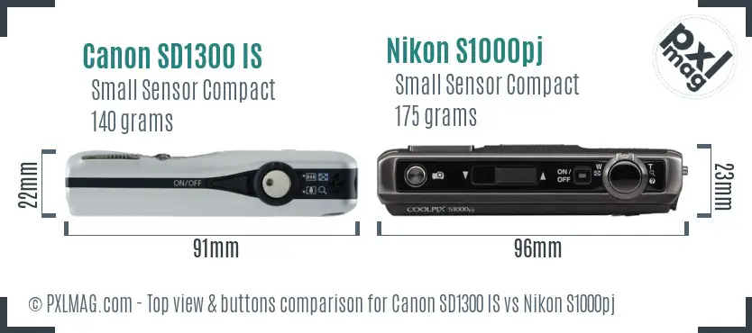 Canon SD1300 IS vs Nikon S1000pj top view buttons comparison Canon SD1300 IS vs Nikon S1000pj top view buttons comparison