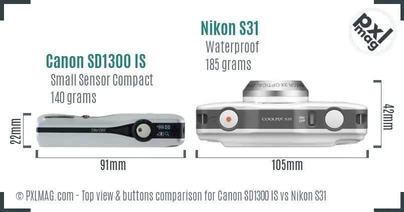 Canon SD1300 IS vs Nikon S31 top view buttons comparison