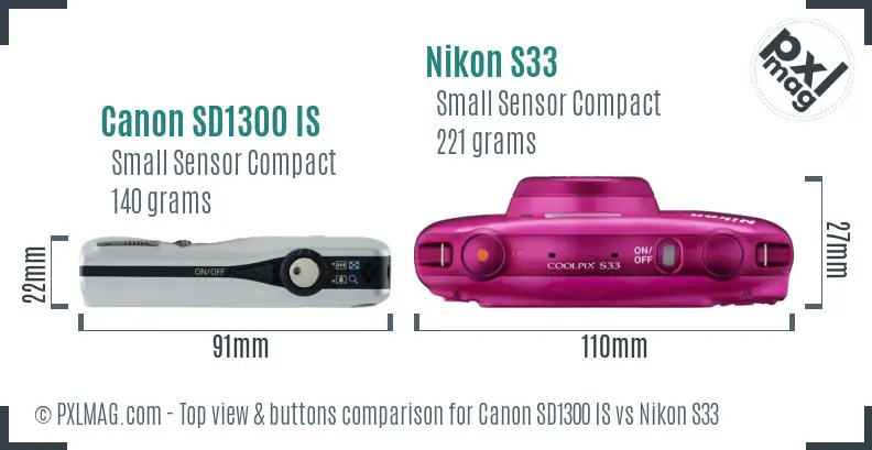 Canon SD1300 IS vs Nikon S33 top view buttons comparison