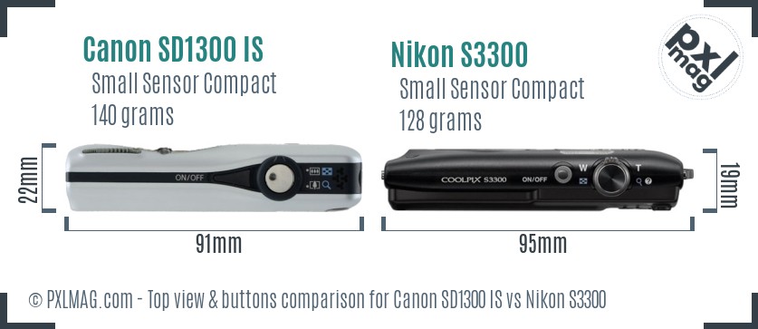Canon SD1300 IS vs Nikon S3300 top view buttons comparison
